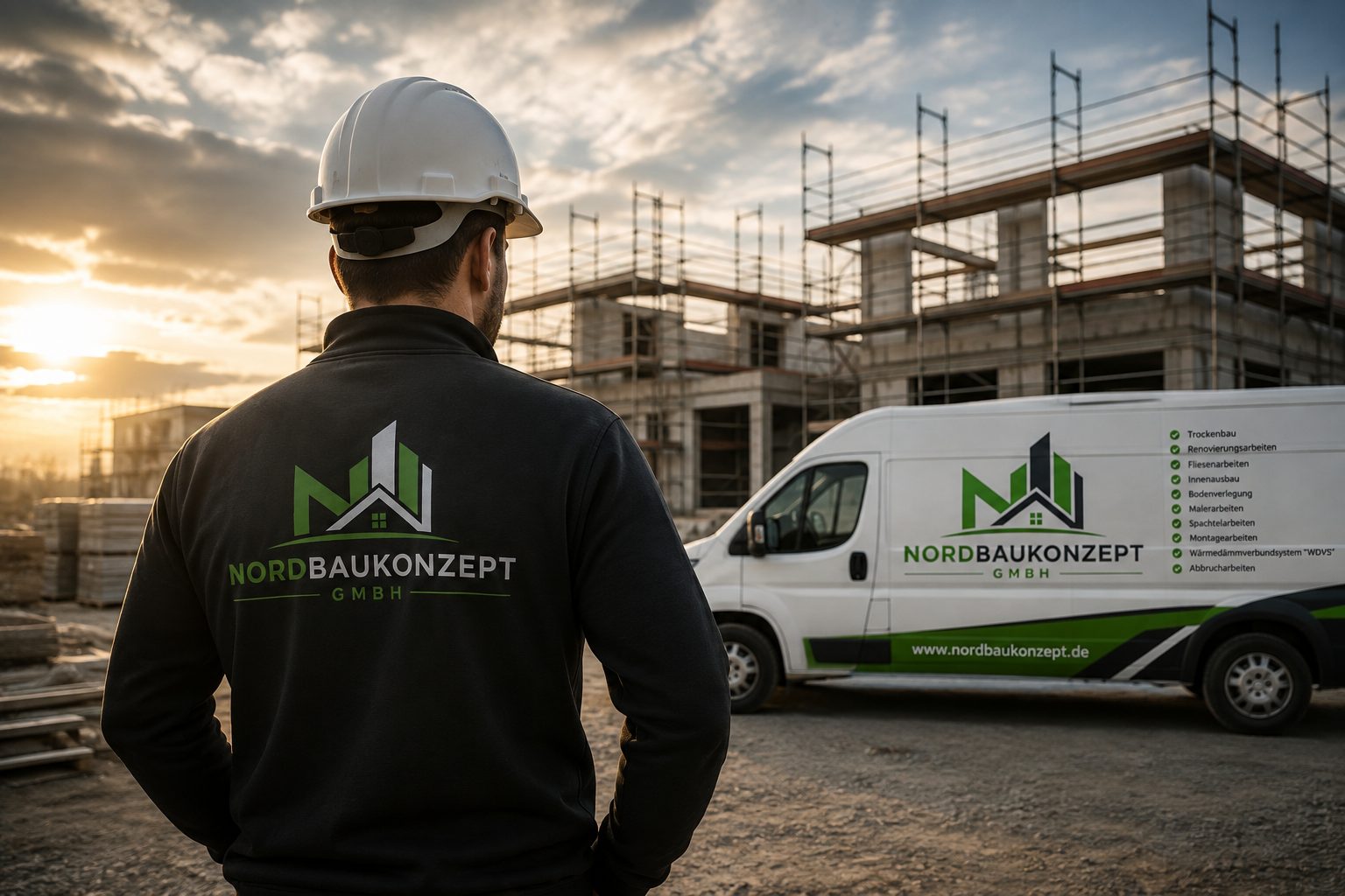 Bauleiter der Nordbaukonzept GmbH mit Helm vor einer Rohbau-Baustelle in Kiel, daneben der Firmentransporter mit Leistungen wie Trockenbau und Renovierung