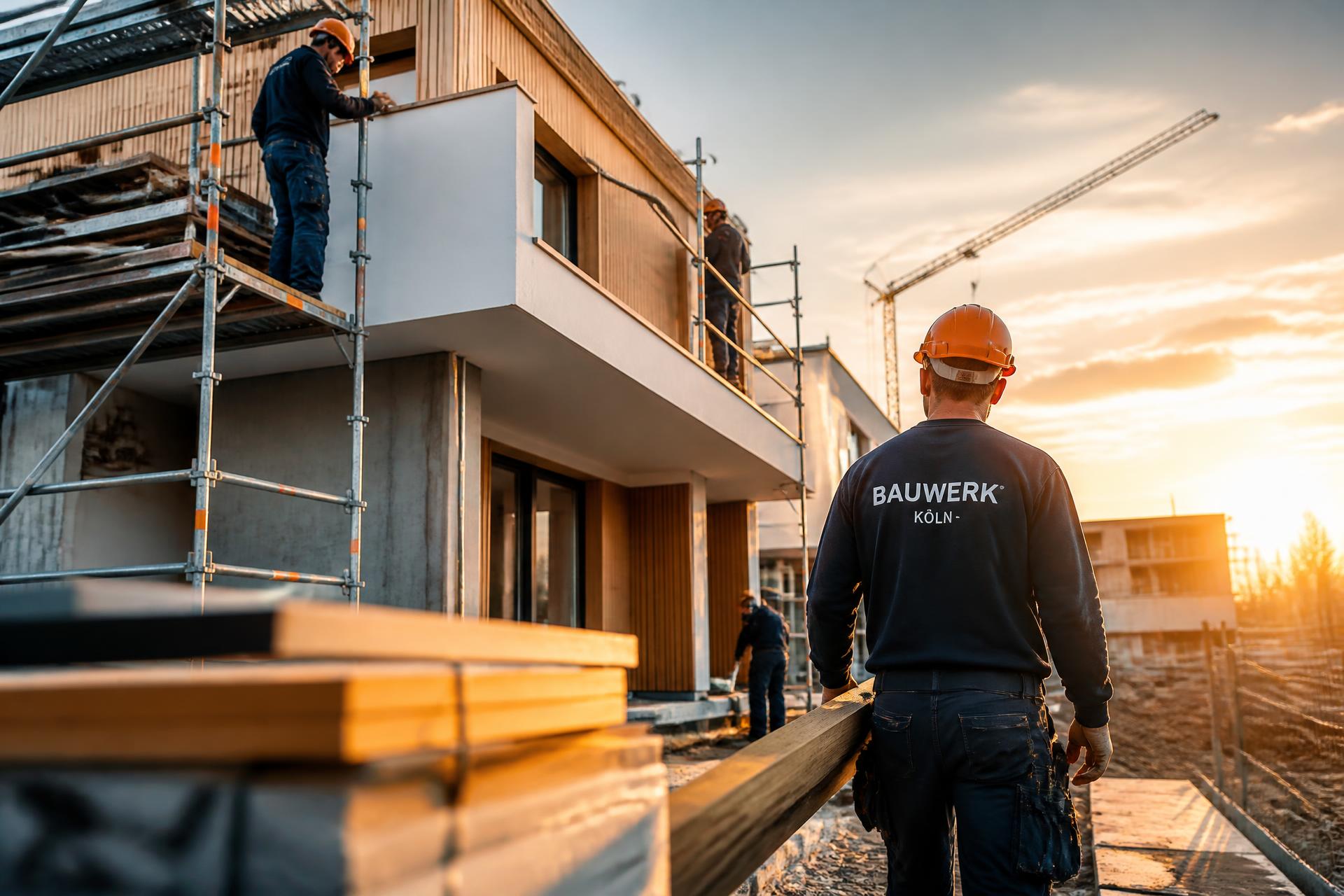 Baustelle eines modernen Wohngebäudes in Kiel im Abendlicht